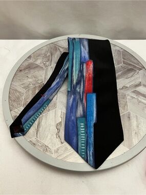 Zylos George Machado Men’s 100% Silk Tie Black Blue Teal Red Abstract 56”